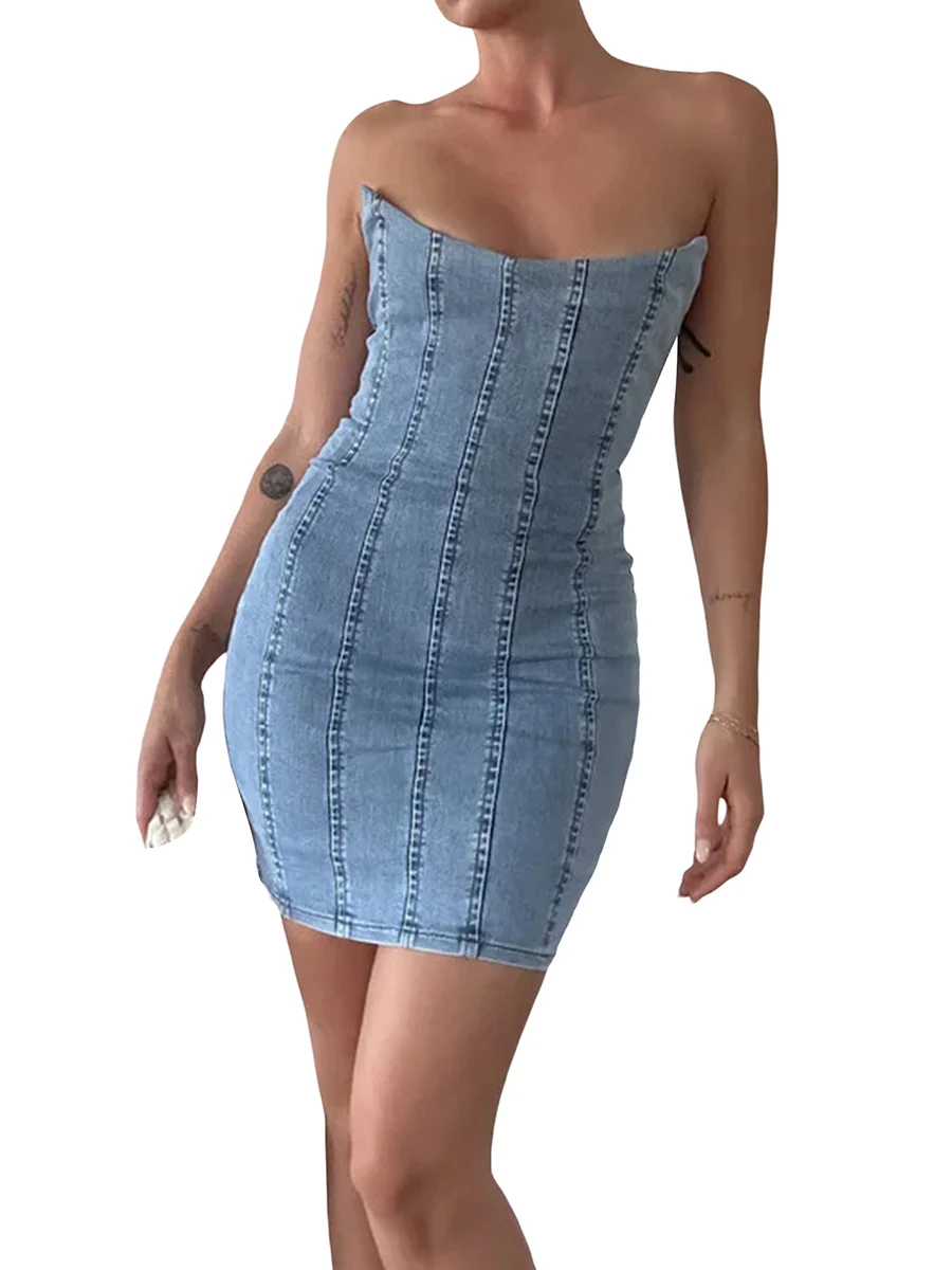 

Women Sexy Summer Outfits 2 Piece Y2k Jean Skirts Set Strapless Crop Denim Tube Top Pleated Mini Skirt Streetwear