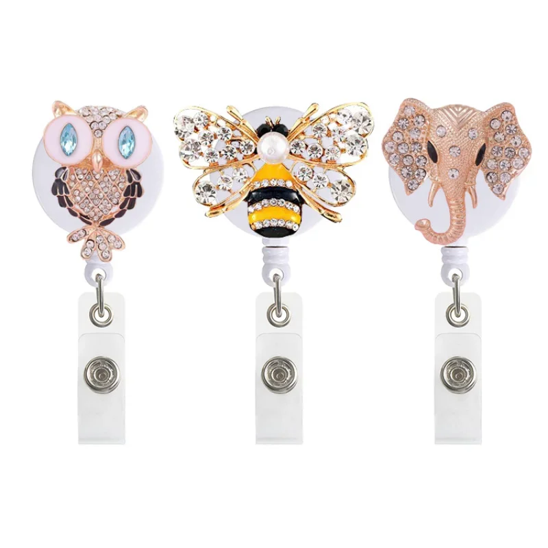 

Metal Elephant Owl Bee Diamond Easy-pull Badge Holder Retractable Keychain Porta Credencial Badge Reel Nursing School Supplies