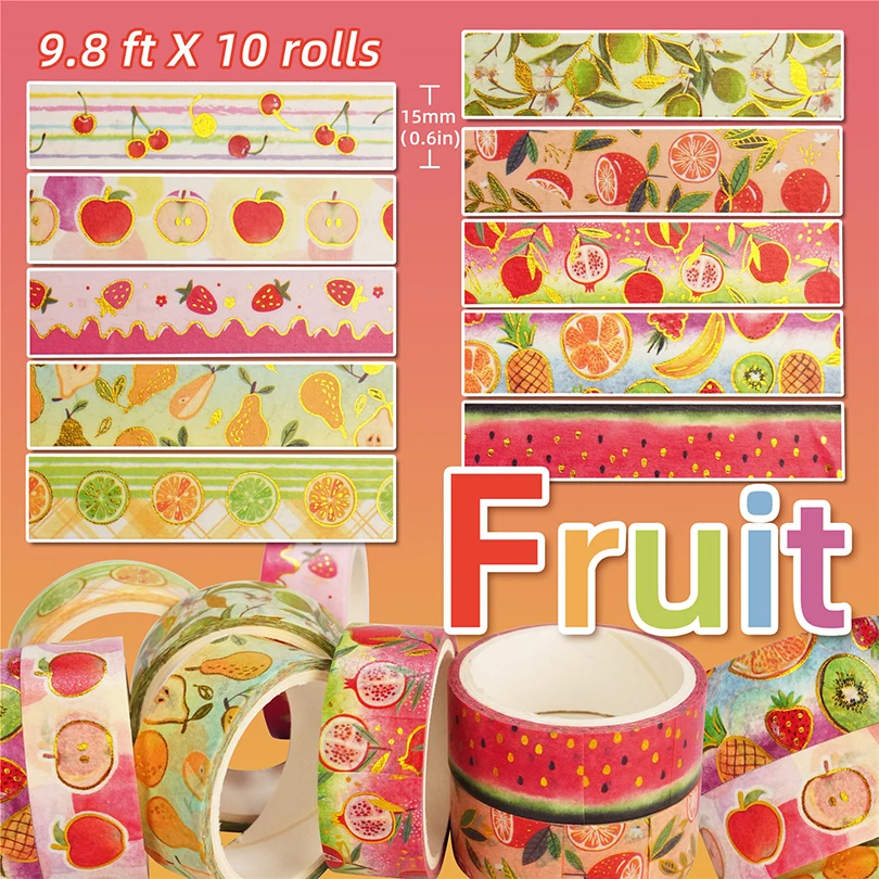Adhesive Tape Washi Tape Decorative Tape Masking Tape 10Pcs Fruit Washi Tapes Strawberry Decorative Adhesive Tape Gold Foil Washitape Journal Diary Scrapbooking Supplies