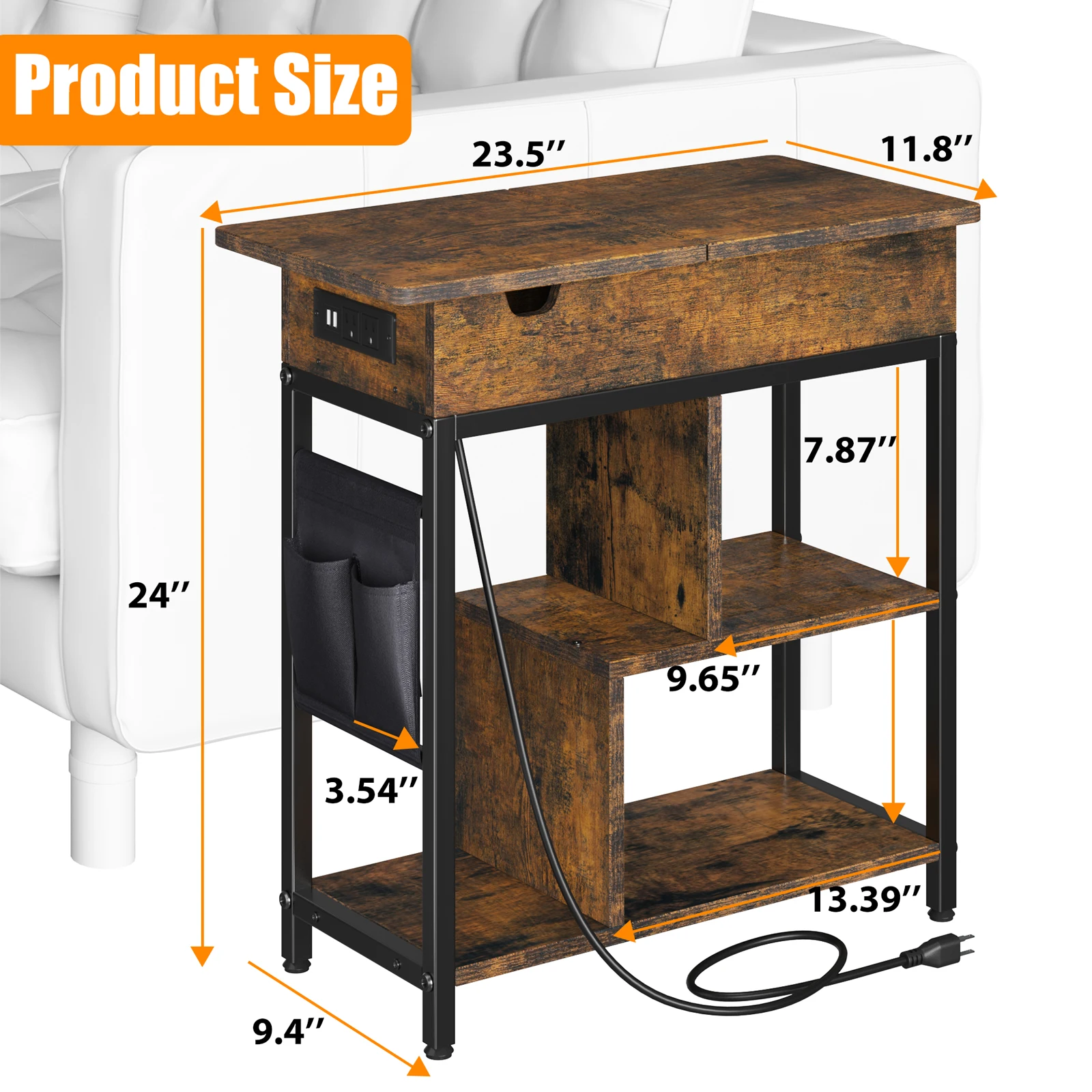 End Table with Charging Station, Flip Top Narrow Side Table Nightstand with Outlets USB Ports and Storage, Bedside Table 6