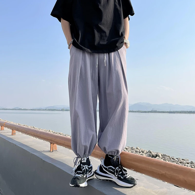 

Men Japanese Cotton Linen Casual Pants Harajuku Drawstring Cuff Harem Lantern Yamamoto Trousers Wide Leg Handsome Streetwear