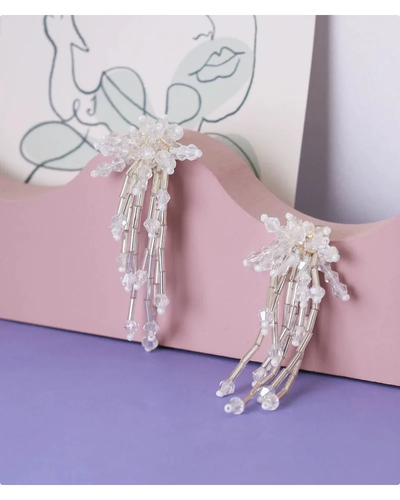 2025, handgefertigte baumelnde Ohrringe mit Kristallquasten | Barockes Perlen-Feuerwerk-Blumendesign | Eleganter Statement-Schmuck für Damen – Detail 37