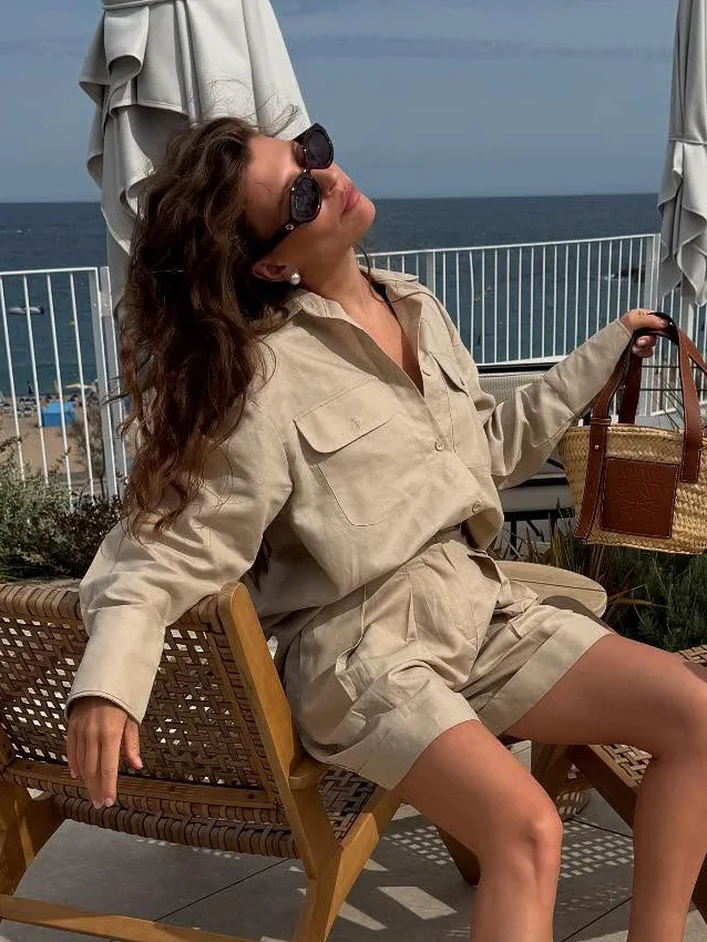 Bornladies Summer Women's 100% Cotton Long Sleeve Shirt Shorts Set Loose Breathable Fashionable Casual Outfit For Women