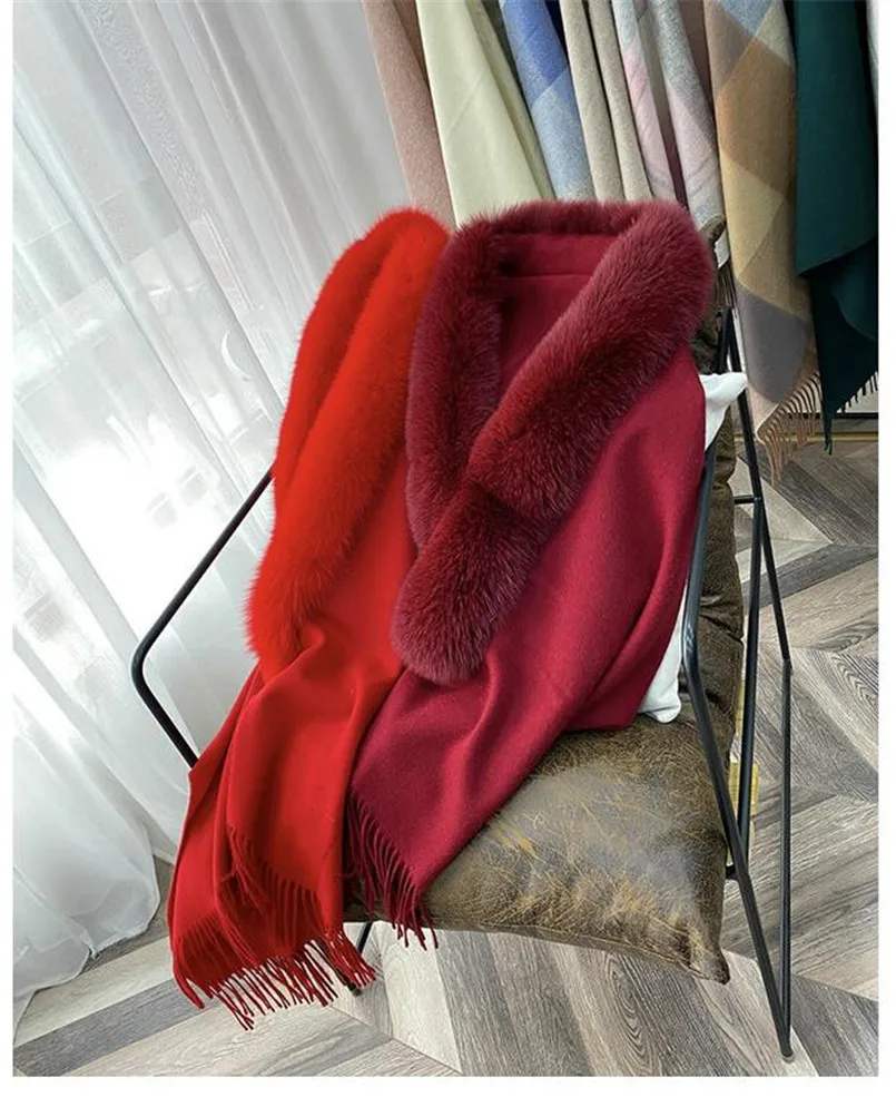 Neue Winter Mode Frauen Wolle Ponchos Mantel mit Echt Fox Pelz Trim Weibliche Mäntel Warme Schal Schal Wraps – Detail 27