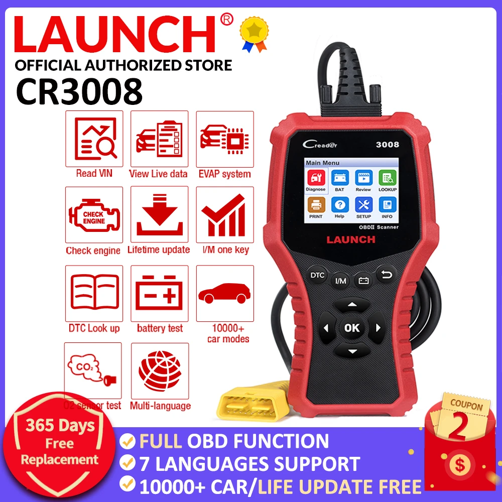 LAUNCH X431 OBD2 Scanner CR3008 Car Diagnostic Tools Battery Tester Auto OBDII EOBD Code Reader Free Update PK CR3001 KW850 auto battery charger
