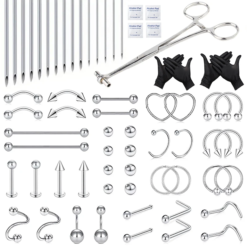 60PCSBodyPiercingToolKit14GDisposableProfessionalBodySelf