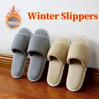 Winter Women Men Furry Slippers Non-Slip Open Toe Indoor Flats Floor Shoes  Cotton Hotel Disposable Slippers Couple Home shoes