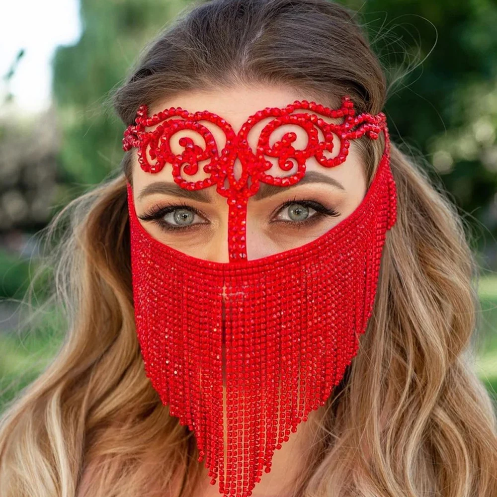 Stonefans Ins Red Crystal Tassel Veil Mask Masquerade Decoration Hollow