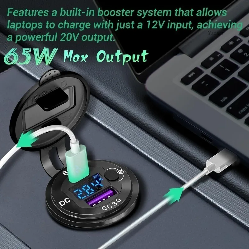 Presa USB per Auto 12V QC3.0 Doppio USB Porte Caricatore USB Auto Impermeabile con Interruttore e LED per 12V / 24V Auto Moto Camper Camion Barca Blu