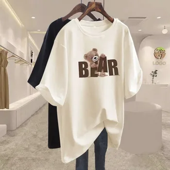 Summer Chic Letter Printing Bear T-shirt Women O-neck Short Sleeve Cotton Basic Top Tee Casual Loose Oversized Pullover 45-105Kg 1