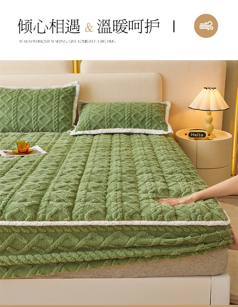 Description Picture 4 of itemAutumn Winter Thicken Warm Mattress Pad and Pillowcase Soft Tafu Velvet Fitted Bed Sheet Set with Elastic Band Quilted Bed Cover