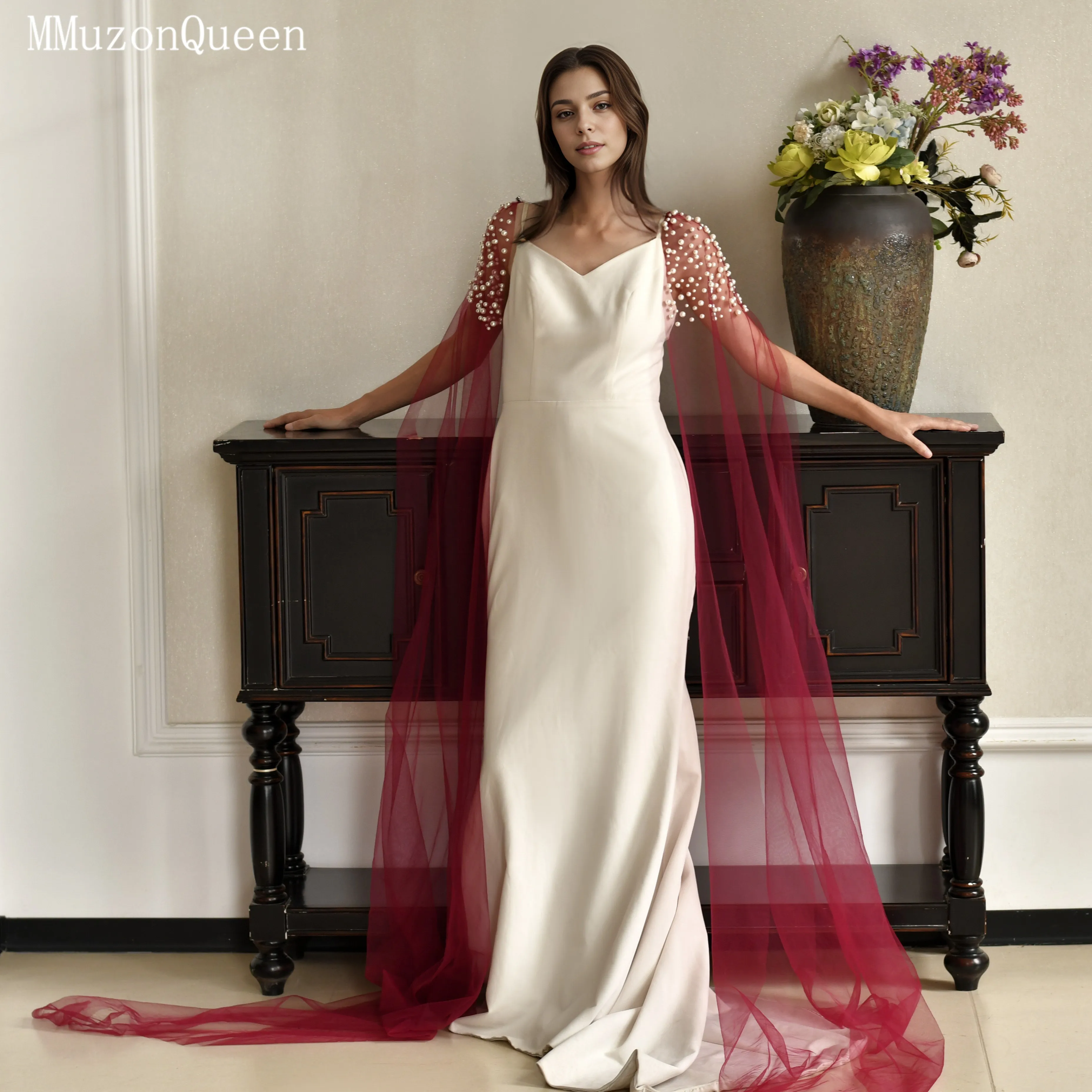 TOPQUEEN Luxuriöser Brautcape für Damen mit langer Schleppe und Perlenverzierung, einlagiger transparenter Netzschal MG42-L – Detail 28