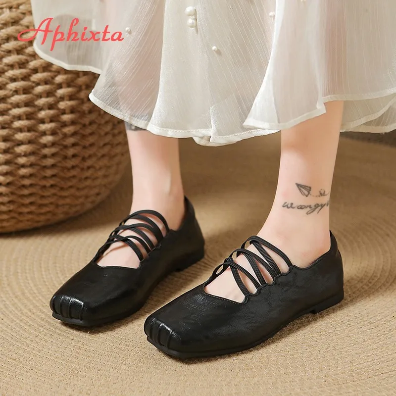 Aphixta Square Toe Black Flats Shoes Slip On Elastic Bands Cross Straps Womens Shoes Elegant Flat with Ladies Shoes
