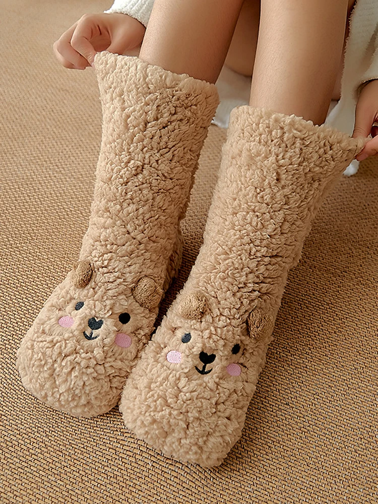 

Plush Coral Winter Cashmere Cartoon Fleece Socks Women Warm Girls Thick Thigh Stockings Cute Home Sleep Floor Female Soft