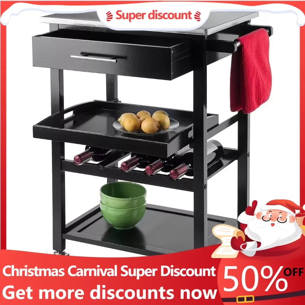 

Kitchen cart made of stainless steelwith hollow handles and detachable trays,drawers and two locking wheels,kitchen storage rack