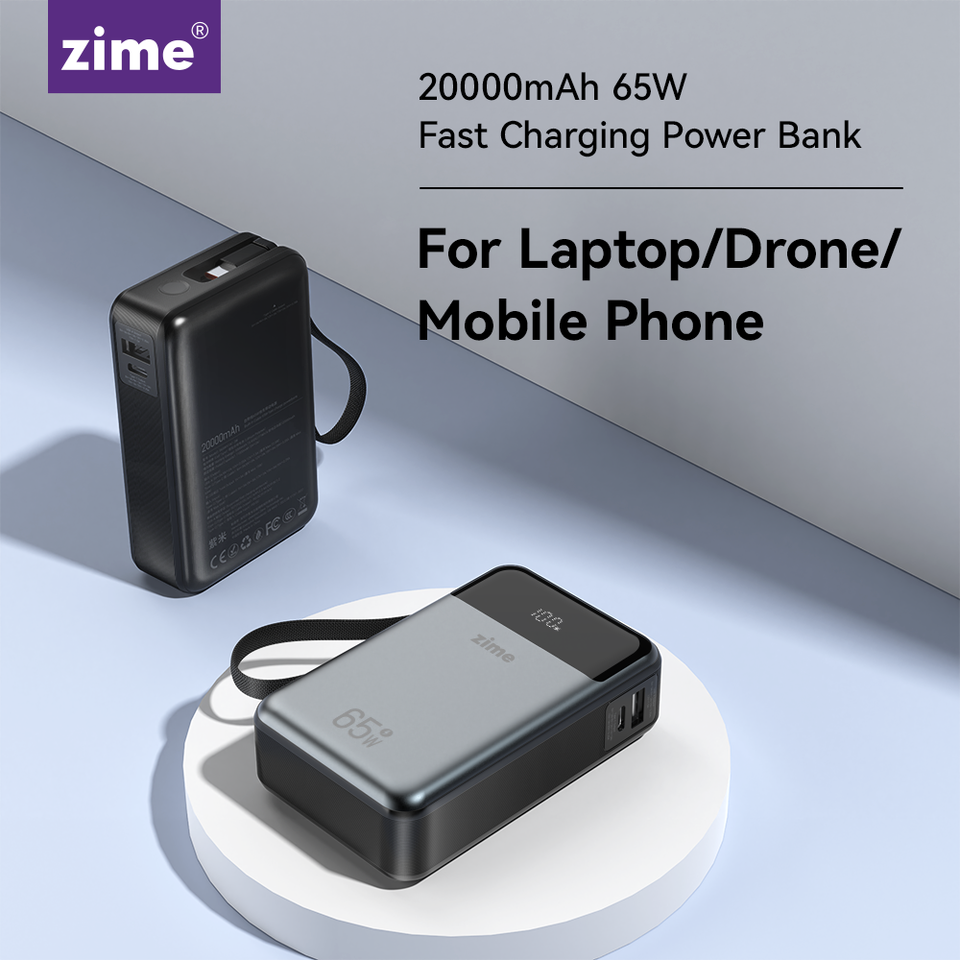 zime Portable Power Bank With Built-in Retractable Cable, Fast Charging, For iPhone, Tablet, Laptop, 20000mAh, 65W