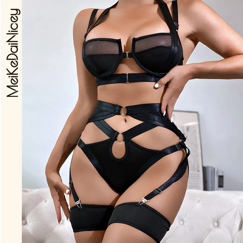 

Роскошное нижнее белье MeiKeDai, необычное Эротическое нижнее белье, пояс с чулками, комплект из 3 предметов с бюстгальтером пуш-ап и трусиками