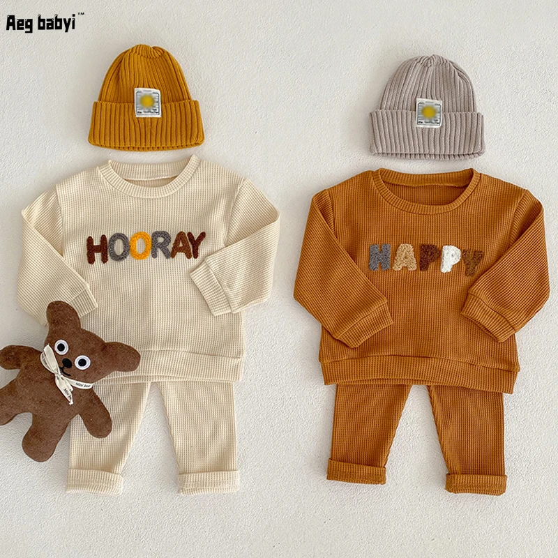 

Autumn Kids Clothes Set Spring Toddler Baby Boy Girl Waffle Casual Hoodie Tops + Loose Trousers 2pcs Children Clothing Outfit