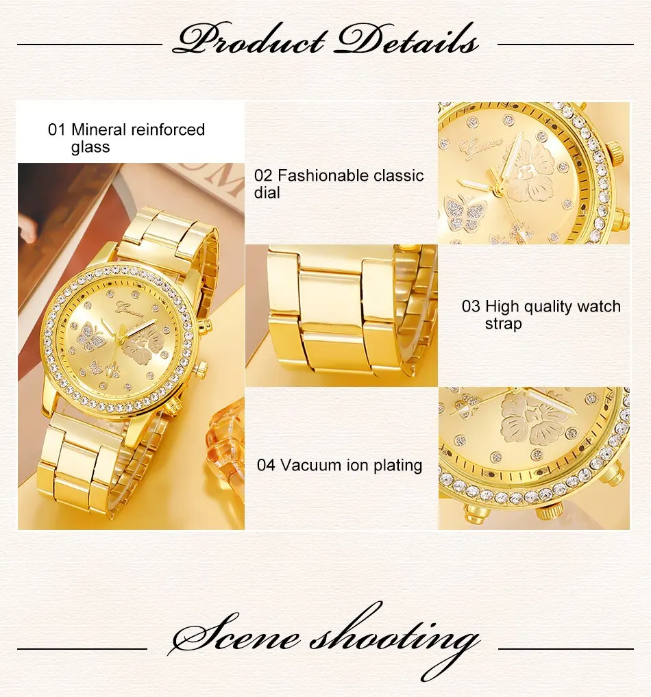 S9cbb15d155be4f5887915e3122c6b528O 6PCS Set Gold Luxury Watch Women Ring Necklace Earring Rhinestone Fashion Wristwatch Casual Ladies Bracelet Watches Montre Femme Mallzona