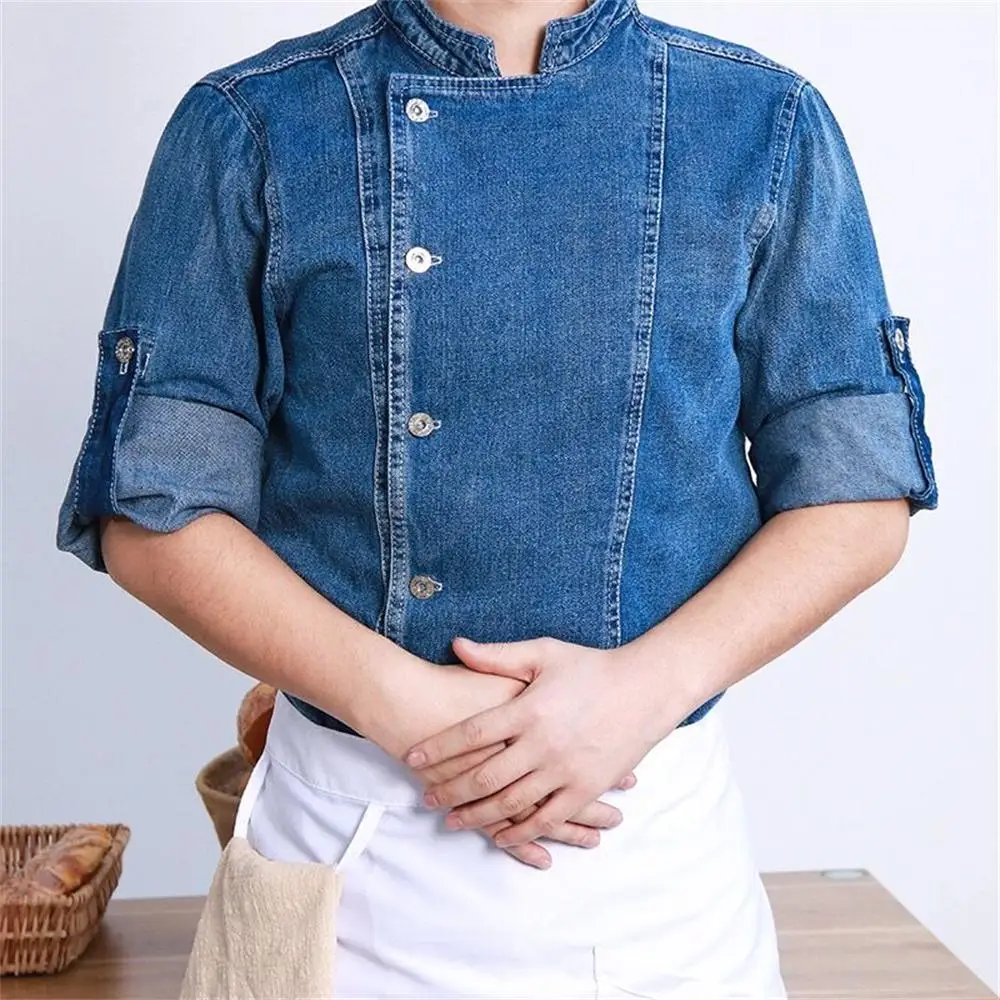 Western Restaurant Chef Fashion Denim Work Clothes Men's Bakery Catering Hotel  Button Long Sleeve Summer cleaning work clothes short sleeve t shirt female hotel hotel room cleaner summer housekeeping property pa aunt