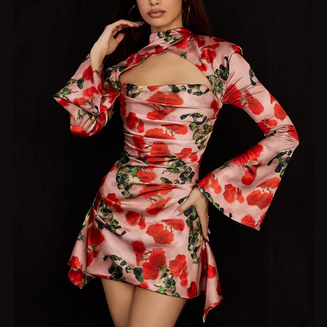 

New Cutout Sexy Fragmented Flower Printed One Line Neck Qipao Dress