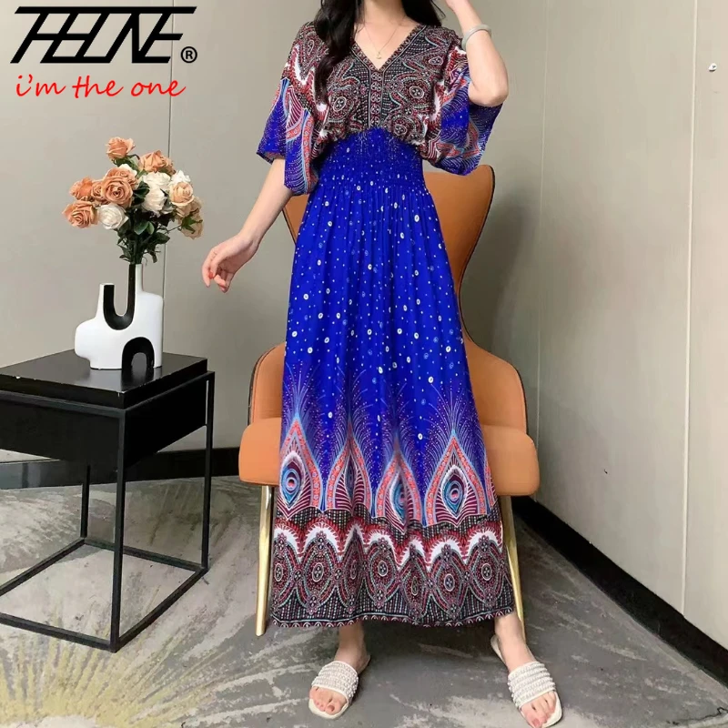 

THHONE Summer Fashion Dress Women Robe Bohemian Floral Oversized Beach Holiday Vestidos Para Mujer Casual Print Indian Dresses