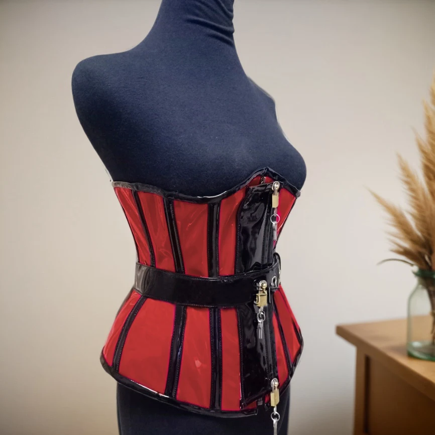 Women Corset Vest With Locks Bustier Gothic Underbust Lace Up Back Steel Boned Tops Waist Slimmer Stage Costume Patent Leather 3