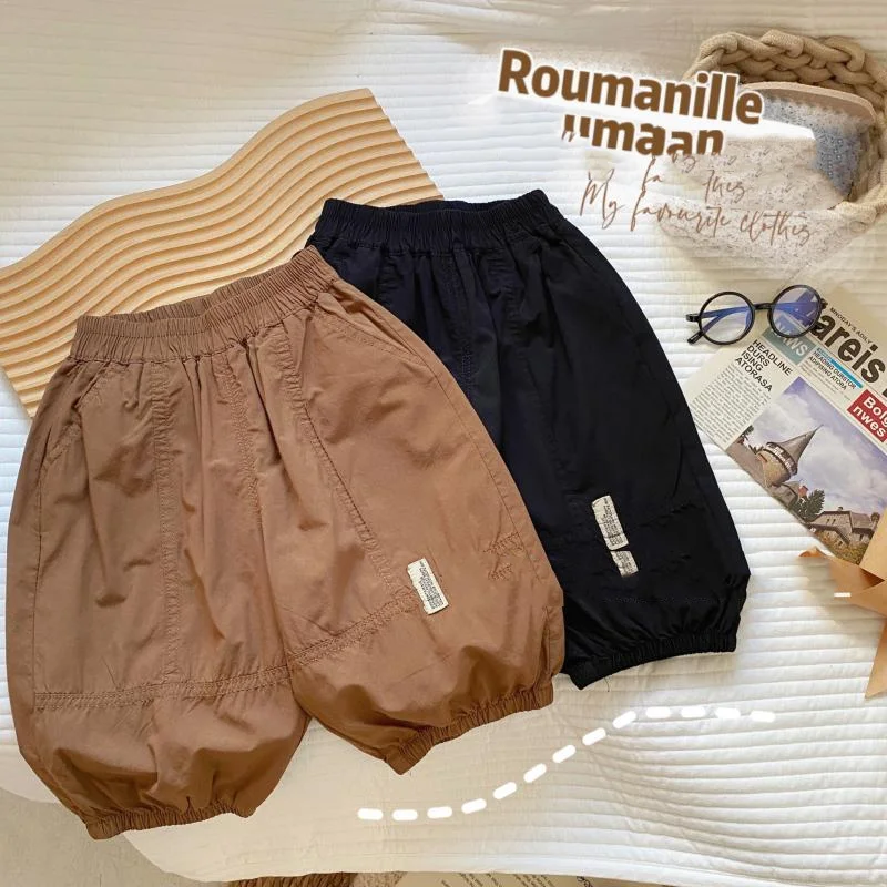 

2024 Summer New Bloomers Boys Solid Color Bright Line Decoration Patchwork Elastic Mid Waist Casual Stylish Loose Cotton Shorts