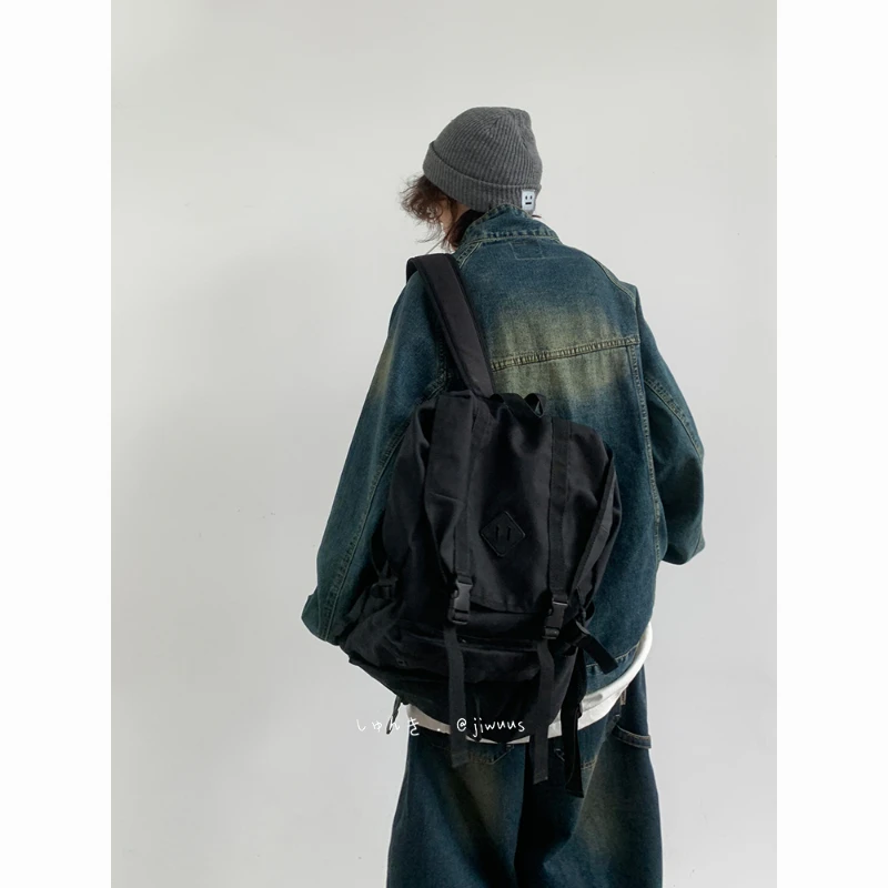 Hip Hop Street Denim Set Men Vintage Stand Collar Washed Denim Pullover+Harajuku Wide Leg Jeans 2-piece Japanese Couple Suit 4