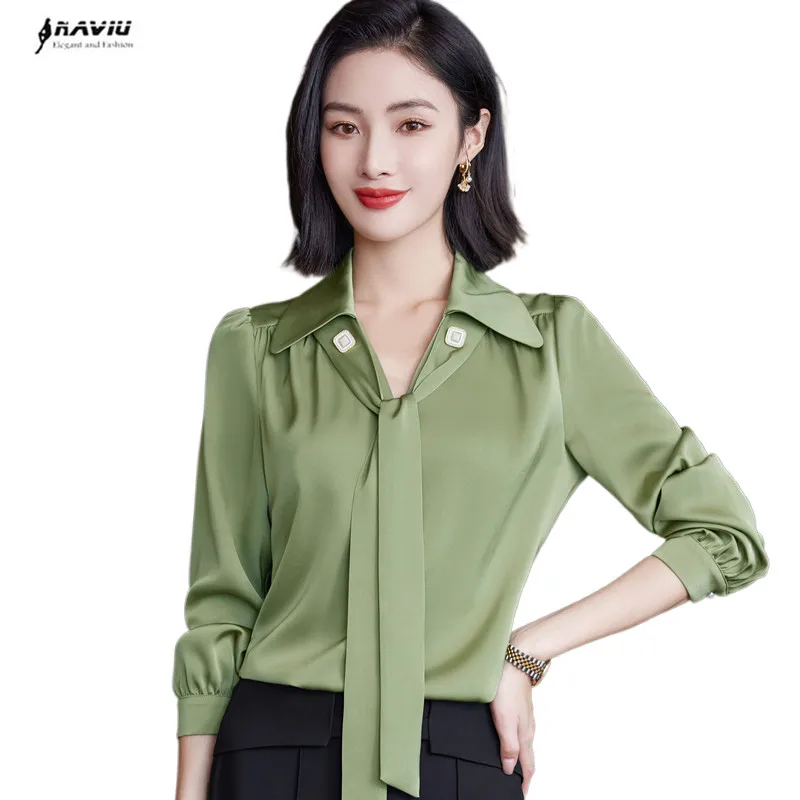

NAVIU High End Satin Lace Up Shirt Women Long Sleeve Design V Neck Temperament New Fruit Green Blouses Office Laye Work Tops