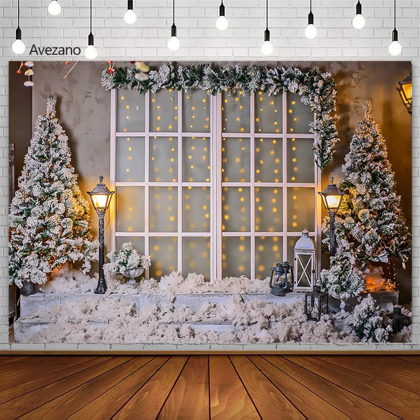 

Avezano Winter Christmas Backdrops 2022 Window Snow Pine Tree Light Child Portrait Decor Photography Background Photo Studio