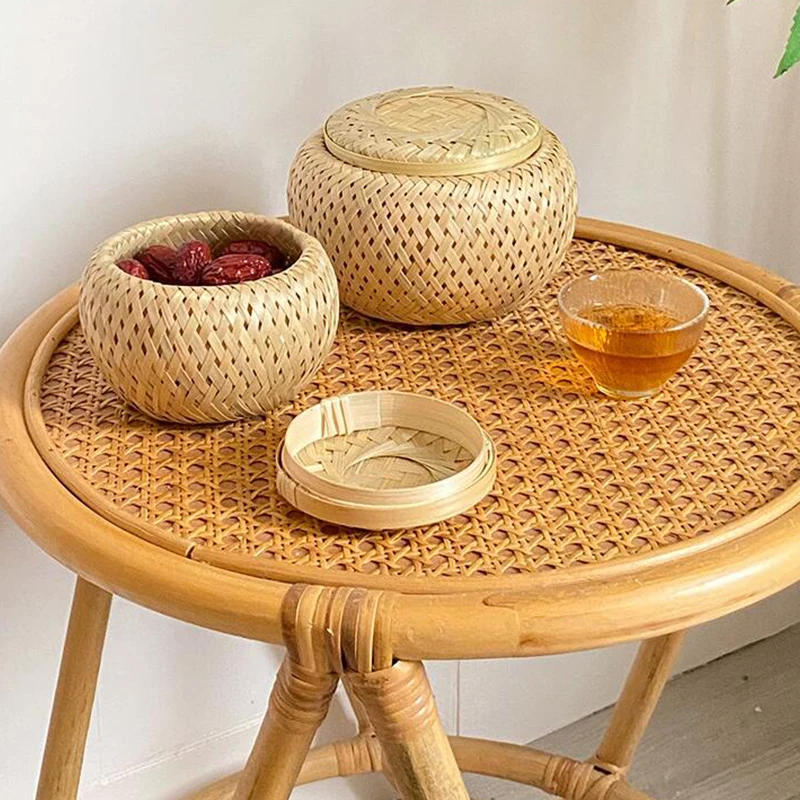 Bamboo Storage Basket With Lid Double Layer Handmade Woven Tea Basket Tabletop Storage Box for Tea Fruit Dried Fruit Snack Food 2
