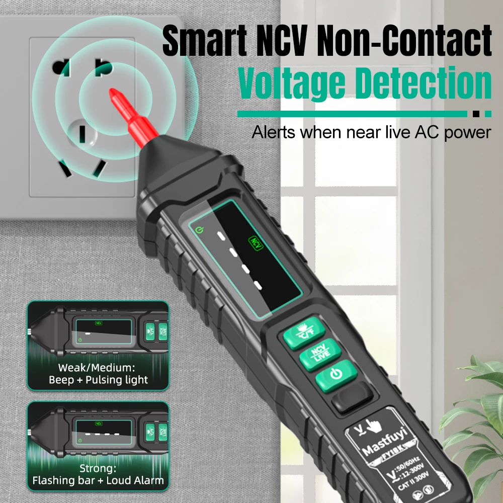 MASTFUYI AC 전압 검출기 12V-300V 비접촉 유도 테스터 펜 라이브 와이어 식별 손전등이있는 LCD 화면