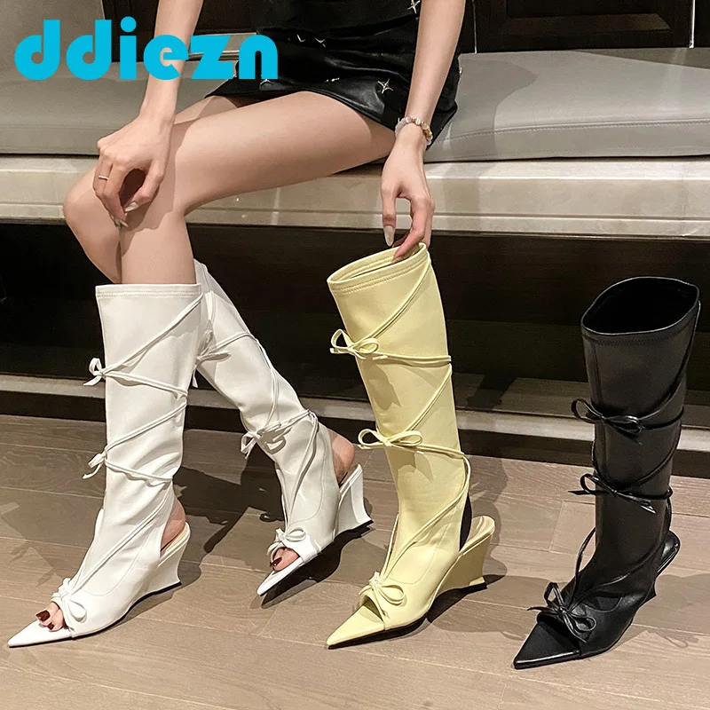 

Long Boots Modern Sandals Boots Womens Pumps Modern Knee-High Butterfly-knot Ladies Boots New Footwear Heels Wedges Female Shoes