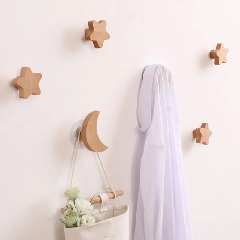 Creative Wooden Star Hook Drawer Handle Bedroom  Wall Hook Non Perforated Home Entrance Wall Hat Adhesive Hook Home Decorations 5