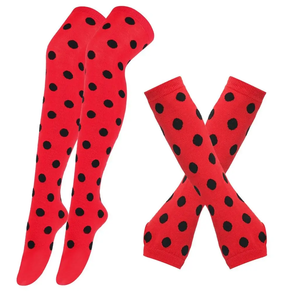 Polka Dot Thigh High Stockings Ladybug 80s 90s Kids Knee High Socks Arm Leg Warmers Red Black Dot Gloves
