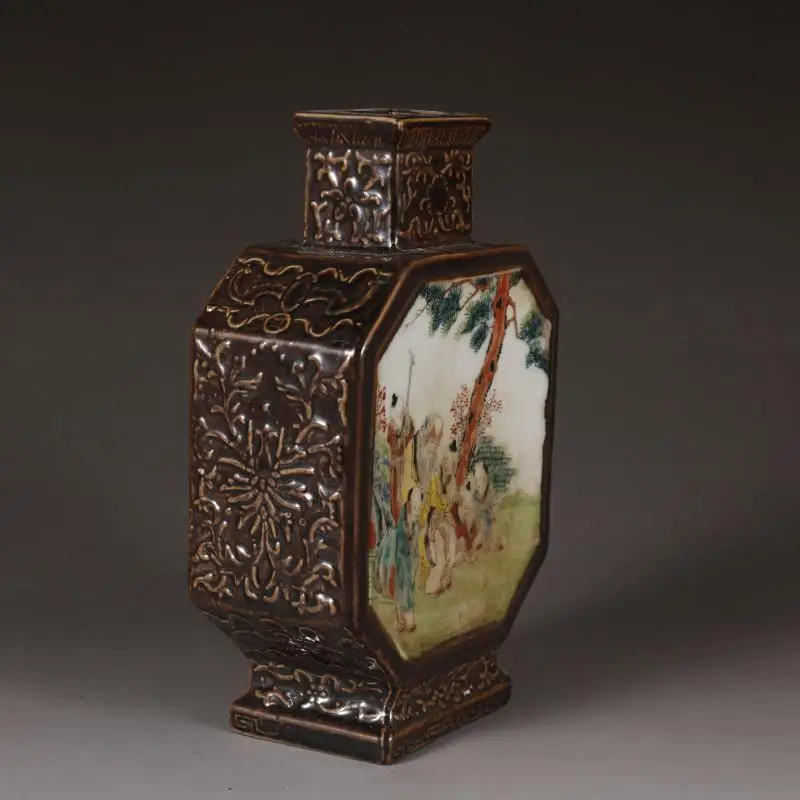 Qing Dynasty Qianlong Yellow Glaze Pastel Figure Square Flat Vase Antique Old Porcelain Home Decoration Collection OrnamentZC803 2