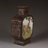 Qing Dynasty Qianlong Yellow Glaze Pastel Figure Square Flat Vase Antique Old Porcelain Home Decoration Collection OrnamentZC803 2