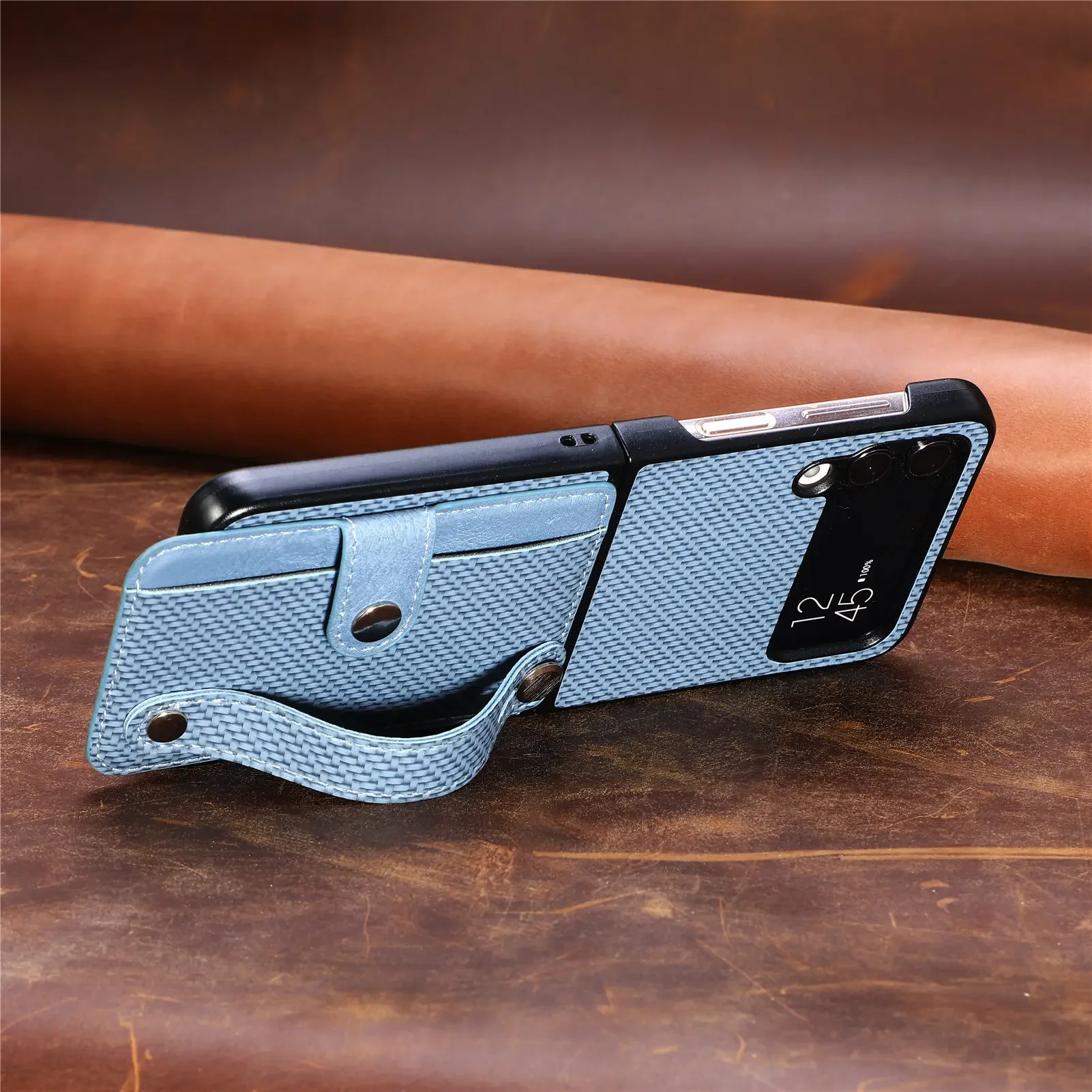 Carbon Fiber Shockproof Wristband Wallet with Kickstand