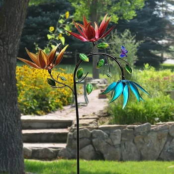 Metal Wind Spinner with Flowers and Butterflies, Three Rotating Flower and Butterfly Windmills for Outdoor Garden Art Decoration 1