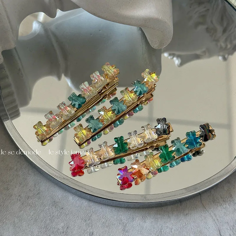 New Bear Hair Clips Candy Color Crystal Barrettes Cute Sweet Geometric Hairpins Korean Ins Women Accessories Bang Side Pins