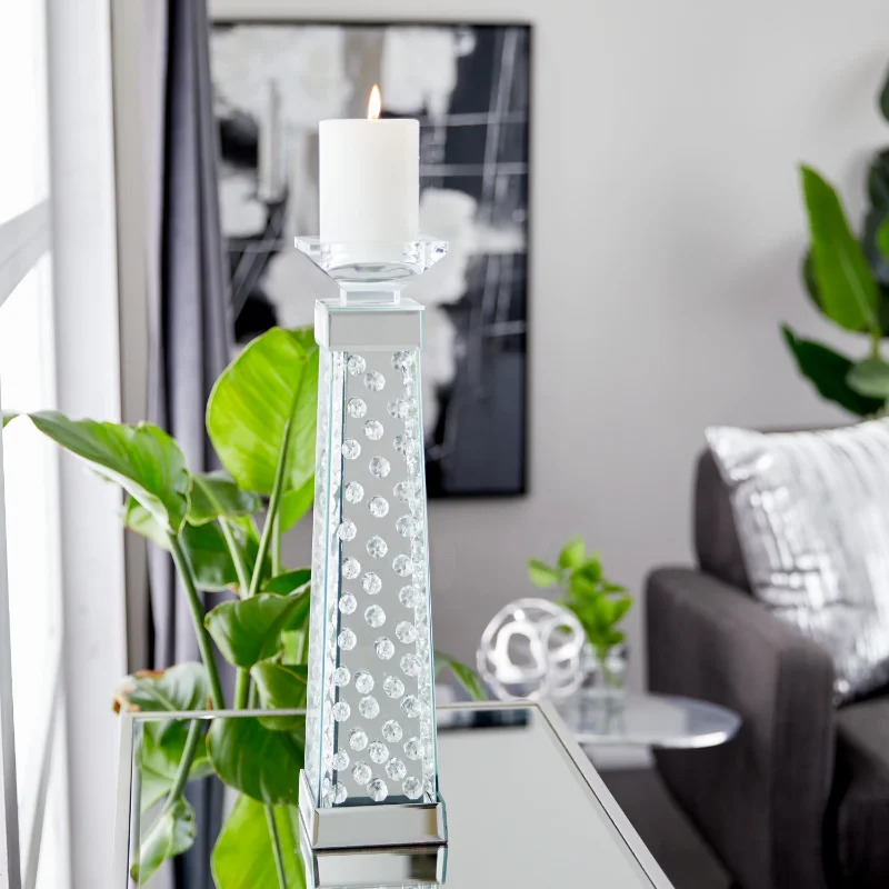 

DecMode Silver Glass Pillar Candle Holder with Mirrored Accents and Crystals