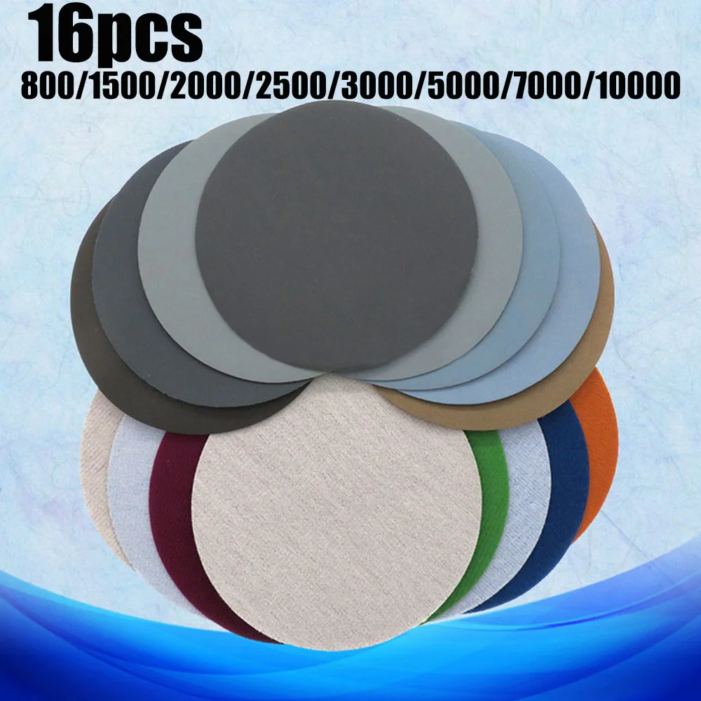 

16pcs 5inch 125MM Round Wet Water Sanding Discs Hook & Loop Flocking Sandpaper 800 Grit 1500 Grit 2000 Grit 2500 Grit 3000 Grit