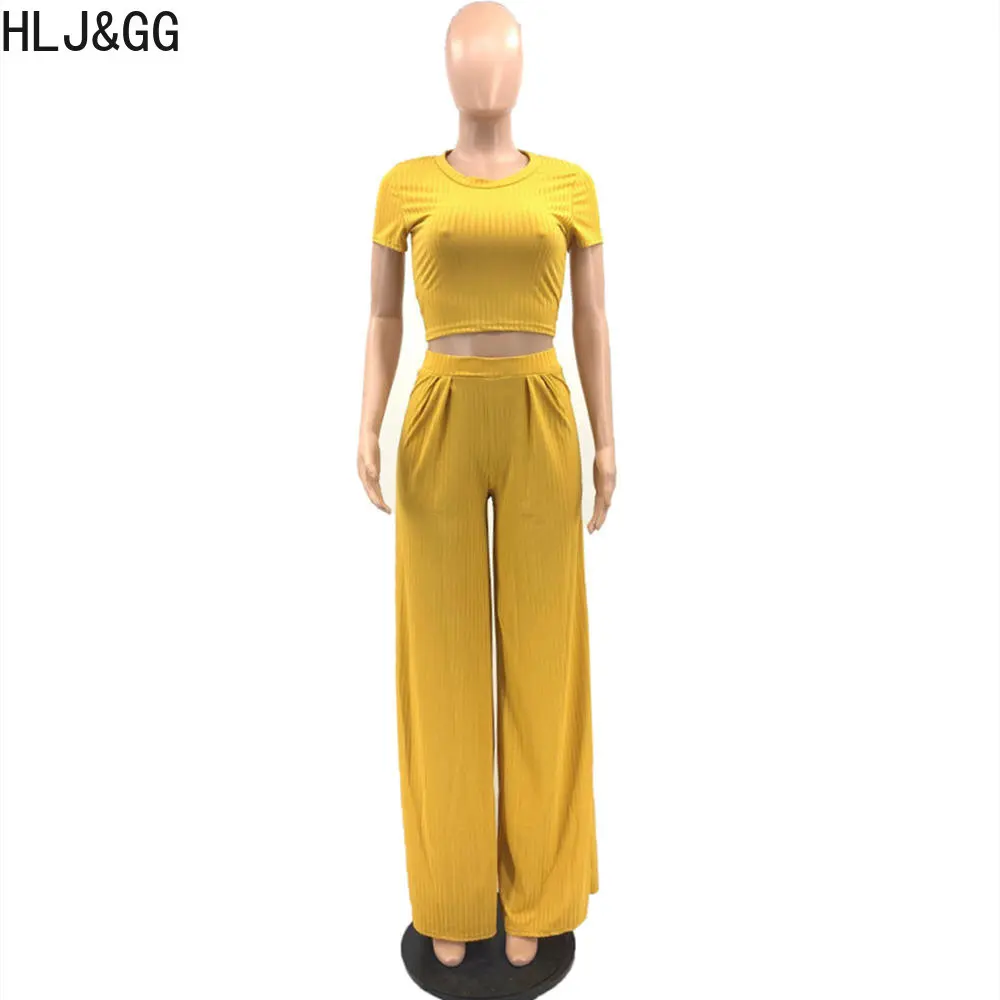 HLJ&GG Casual Solid Wide Leg Pants Two Piece Sets Women Round Neck Short Sleeve Crop Top And Pants Tracksuits Female 2pcs Outfit