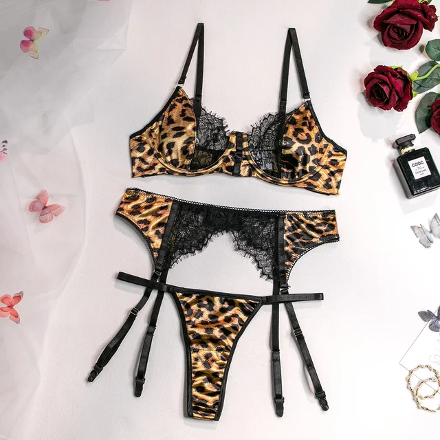 Leopard Print Lace Patchwork Lingerie Set 1