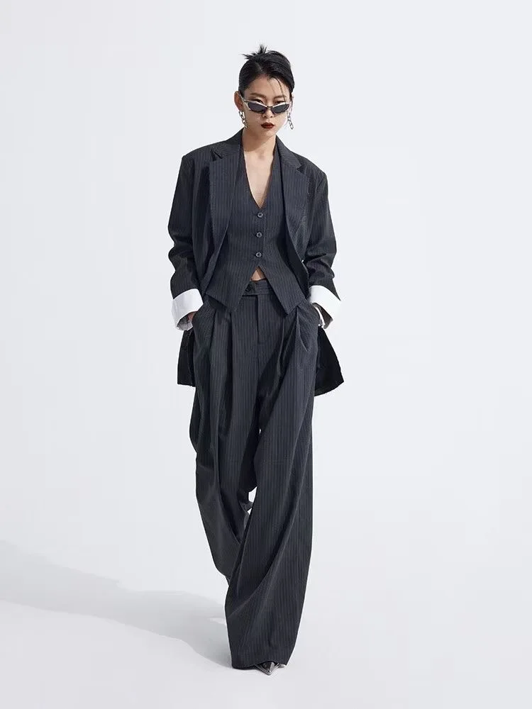 

2024 New Sagging High Waist Grey Stripe Western Loose Fit Wide Leg Pants Women's Spring Autumn Design Sense Casual Pants Set