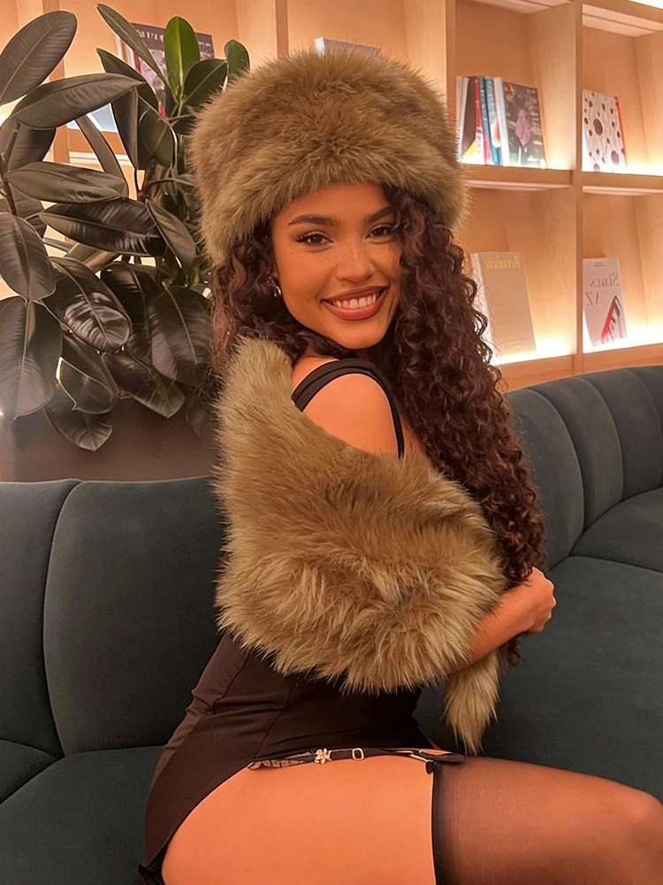 Nibber Fashion Wild Women Furs Shawl Hipster Luxury Slash Neck Knot Elegant Banquet Party Clubwear Midnight Soft Warm Crop Tops