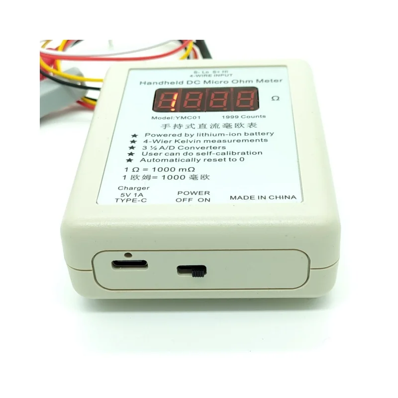 YMC01 Handheld DC Milliohmmeter DC Low Resistance Tester Meter Four Wire Kelvin Measurement Rechargeable