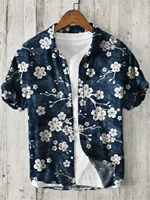 Linen Cotton Printed Shirt, Short Sleeved Lapel, Single Breasted Hawaiian Vacation Shirt, Cherry Blossom Retro Art 1