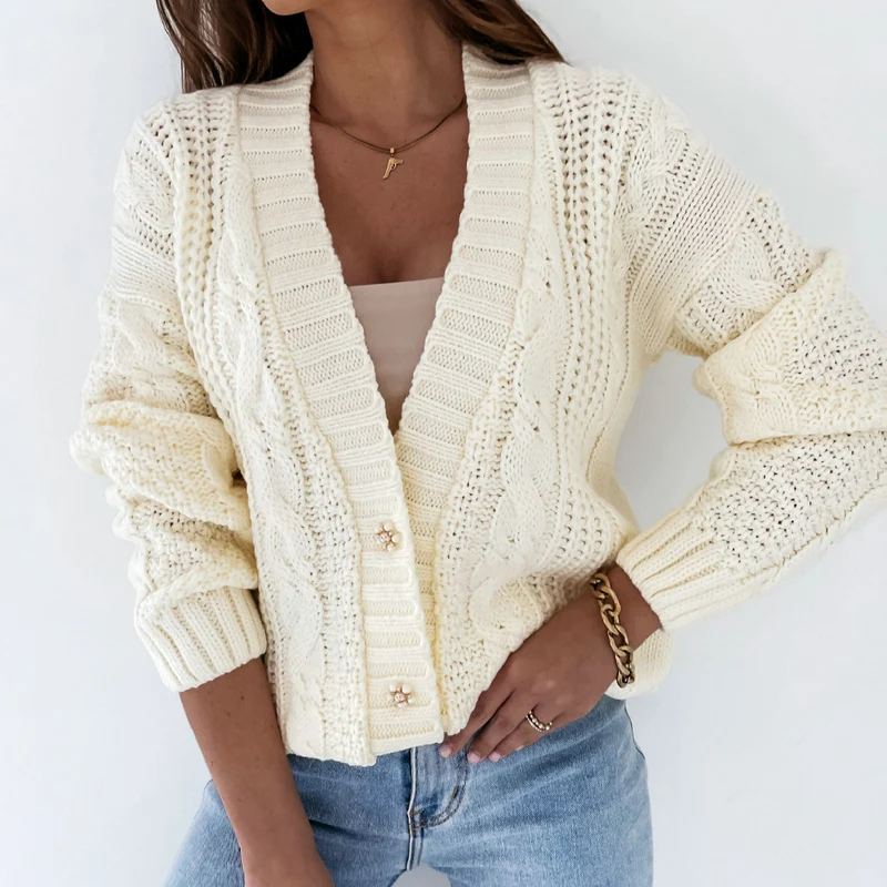 Winter Women Knitted Cardigan Sweater V-neck Long Sleeve Fried Dough Twists Solid Color Casual Autumn Elegant Lady Casual Coat